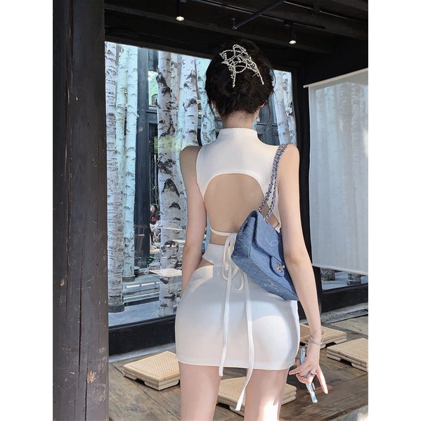 Bộ Áo Ngắn Không Tay Khoét Lỗ + Chân Váy Ngắn Phong Cách Pháp Thời Trang Cho Nữ