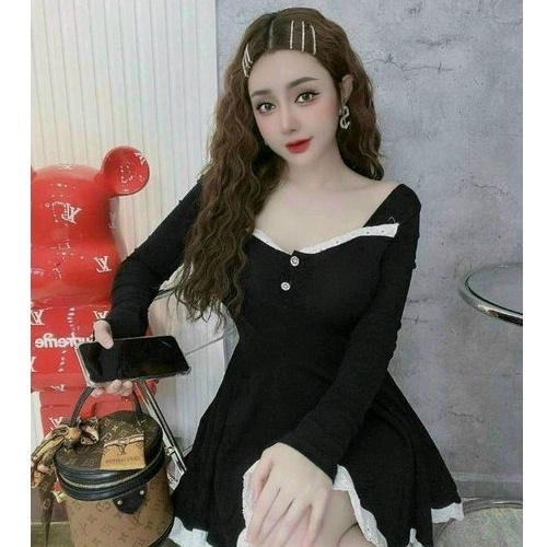 Đầm phôm xoè phối ren tay dài xinh xắn