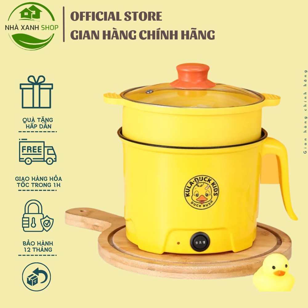 Nồi lẩu mini chống dính, nồi lẩu điện đa năng Vịt Vàng 2 tầng kèm giá hấp, dung tích 1,8L 2 nấc nhiệt, bảo hành 12 tháng