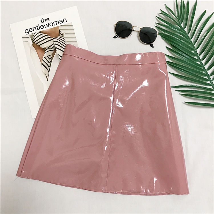 Chân Váy Da pu Bóng Lưng Cao Dáng Chữ a Màu Hồng / Đen / Xanh Dương Phong Cách Hàn Quốc Gợi Cảm Dành Cho Bạn Nữ