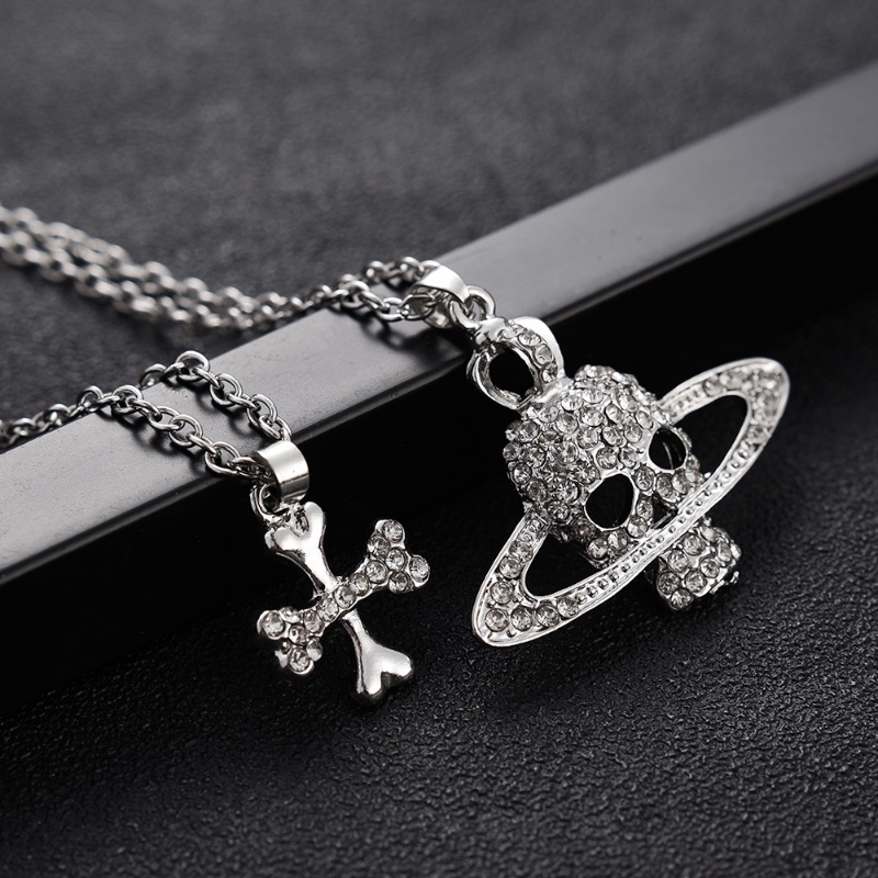 Vòng cổ Hai Lớp Mặt Hình Đầu Lâu Đính Đá Kim Cương Phong Cách Hip Hop Punk Thời Trang