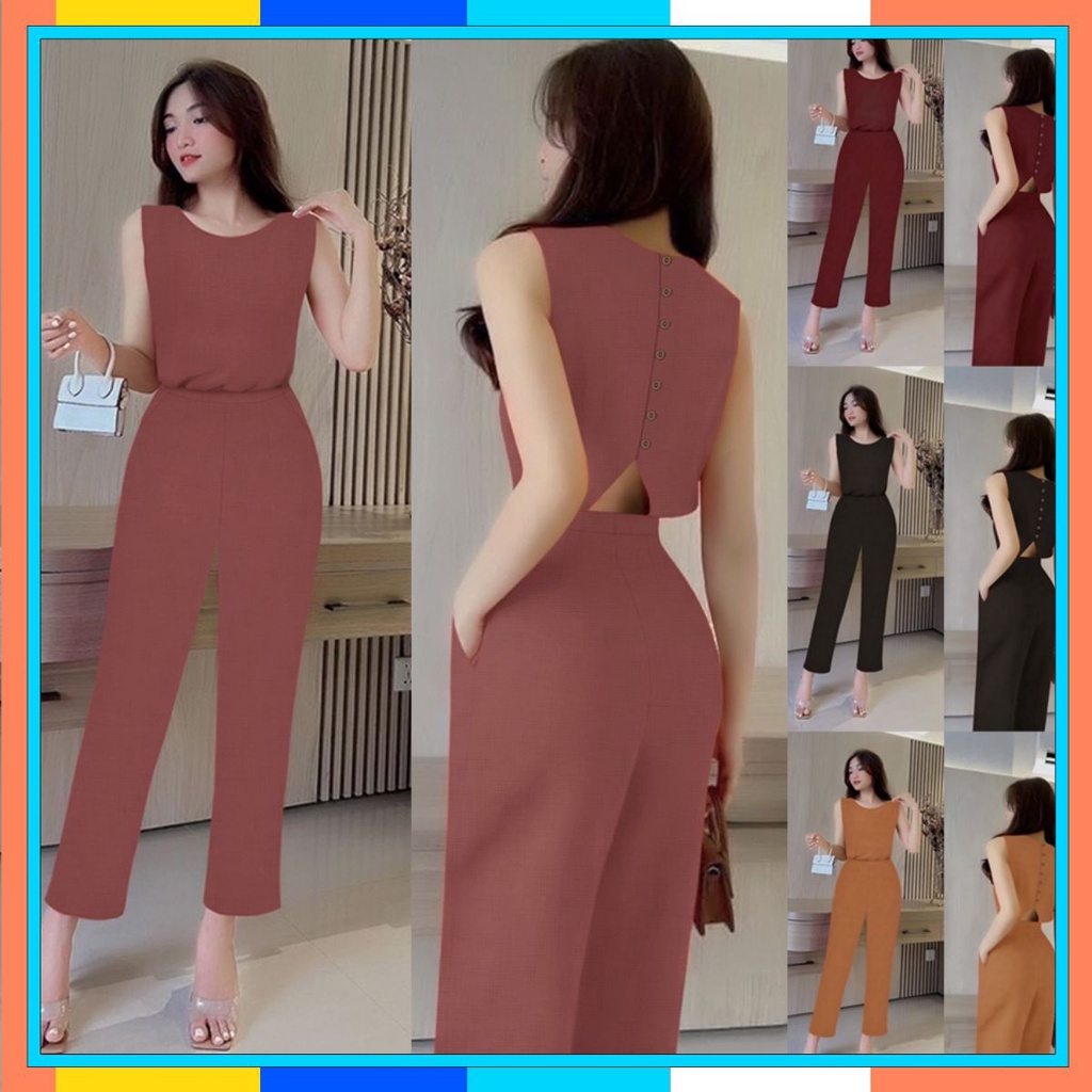 Set đồ dài nữ 💝FREESHIP💝 nguyên bộ quần dài suông , áo cổ thuyền sát nách khoét lưng V phối nút xinh xắn TJ1211