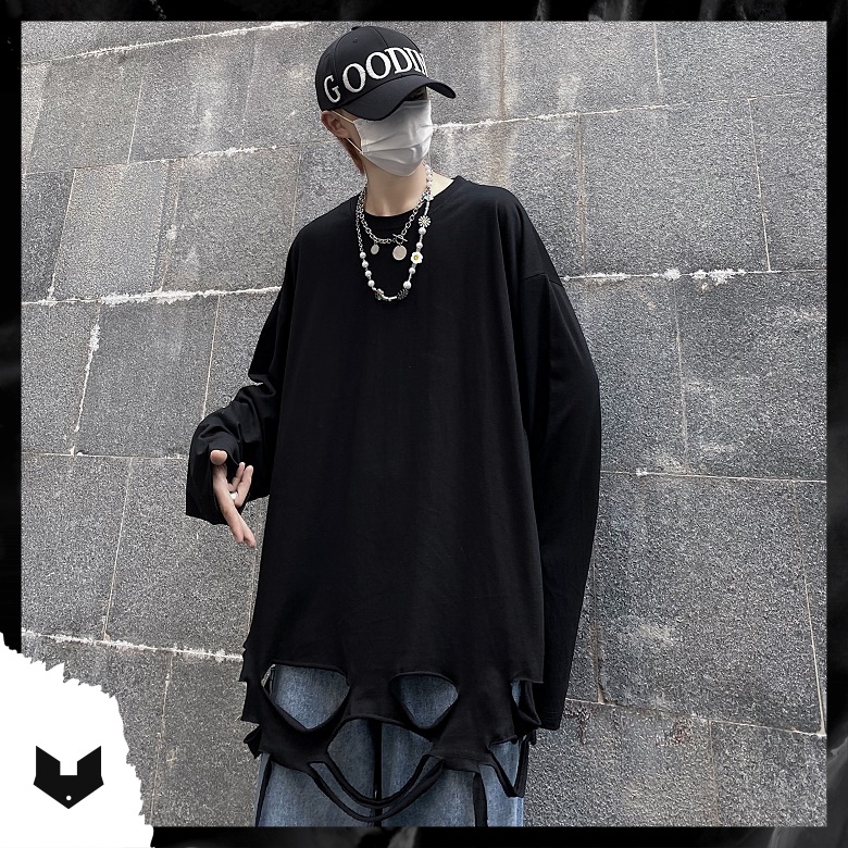 Áo thun dài tay 95% cotton rách gấu tạo layer màu basic hip hop unisex nam nữ
