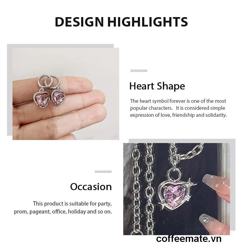 【coffeemate】⚡ Bộ Trang Sức Nhẫn / Bông Tai / Vòng cổ Mặt Trái Tim Đính Đá Pha Lê Màu Hồng Thời Trang