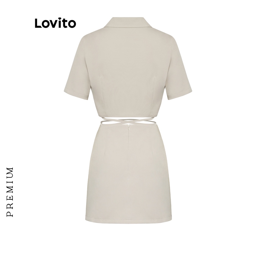(Lovito Premium) Bộ váy nữ phối cổ áo ngắn tay trơn màu trơn L37LD039 (Kaki)