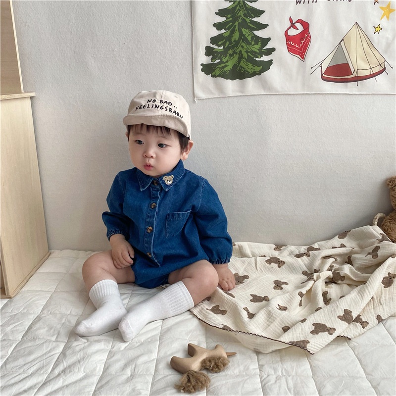 Bộ Áo Liền Quần Vải Denim Mềm Tay Dài Thêu Hình Gấu Kiểu Hàn Quốc Thời Trang Mùa Xuân 2023 FY7J