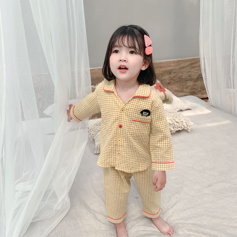 Bộ Đồ Ngủ Tay Dài Chất Cotton Mỏng Thoải Mái In Họa Tiết Caro Dễ Thương Thời Trang Xuân Thu Cho Bé Gái 2-4 Tuổi