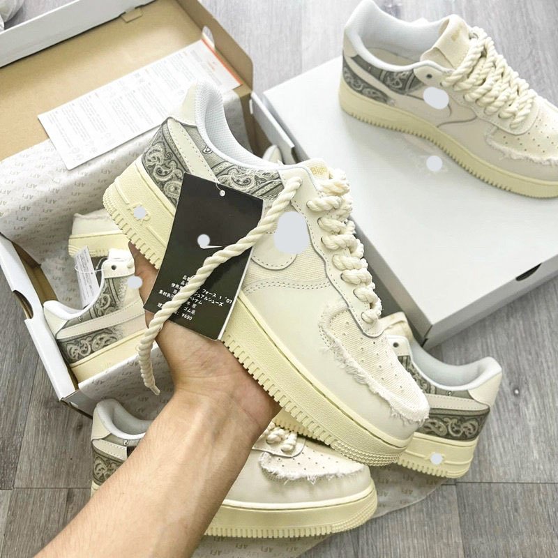 Giày thể thao AF1 dây thừng họa tiết Paisley màu kem, Giày sneaker thổ cẩm dây thừng nam nữ full bill box đi siêu êm