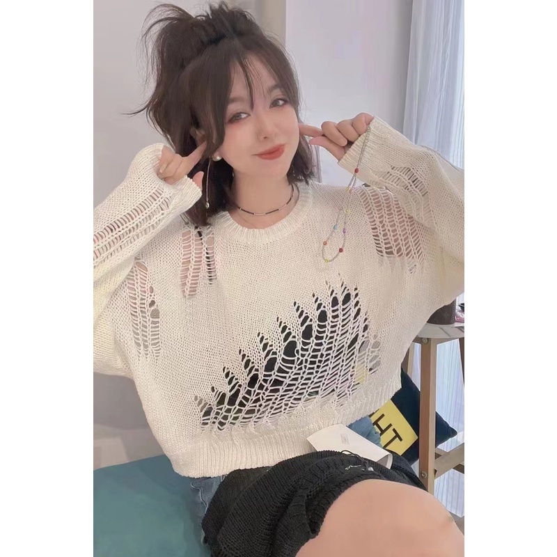 Áo sweater dệt kim PERTY cổ tròn dáng rộng phong cách Hàn Quốc thời trang cho nữ