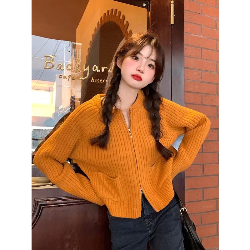 Z Zero Qi Zero Ba Áo Sweater Dệt Kim Dáng Ngắn Hai Dây Khóa Kéo Đôi Màu Cam Hoàng Hôn Mùa Thu Đông