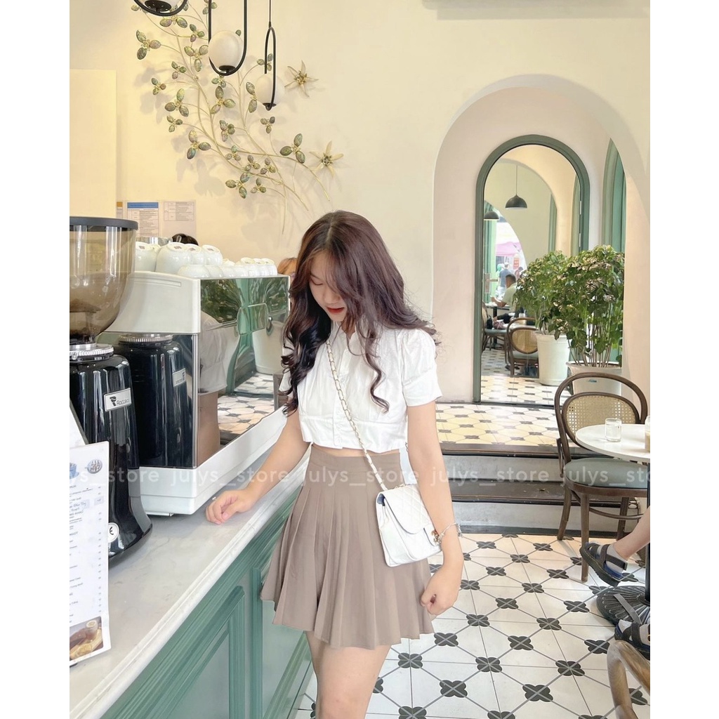 [Ảnh thật/Sẵn] Áo Sơ Mi Chất Thô Croptop Tay Bồng Ngắn Ulzzang