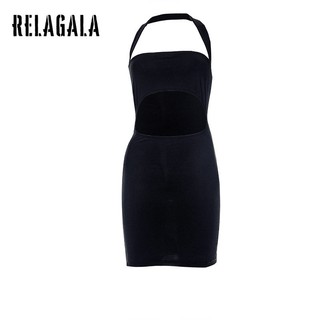 RelaGala Thời Trang Nữ Màu Trơn Gợi Cảm Cổ Treo Không Tay Rỗng Đầm Ôm