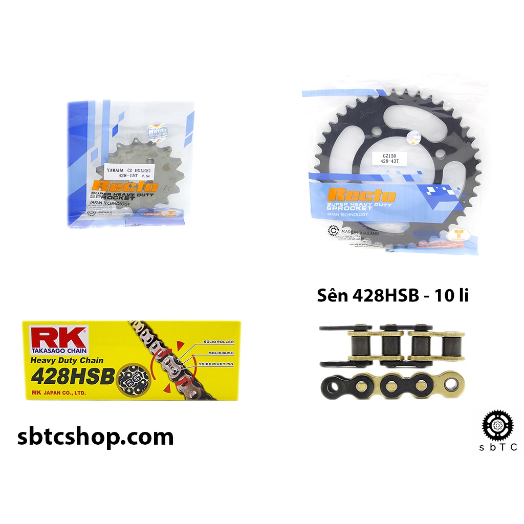 NSD Nhông dĩa RECTO sên RK đen vàng 428HSB Suzuki GZ150 chính hãng