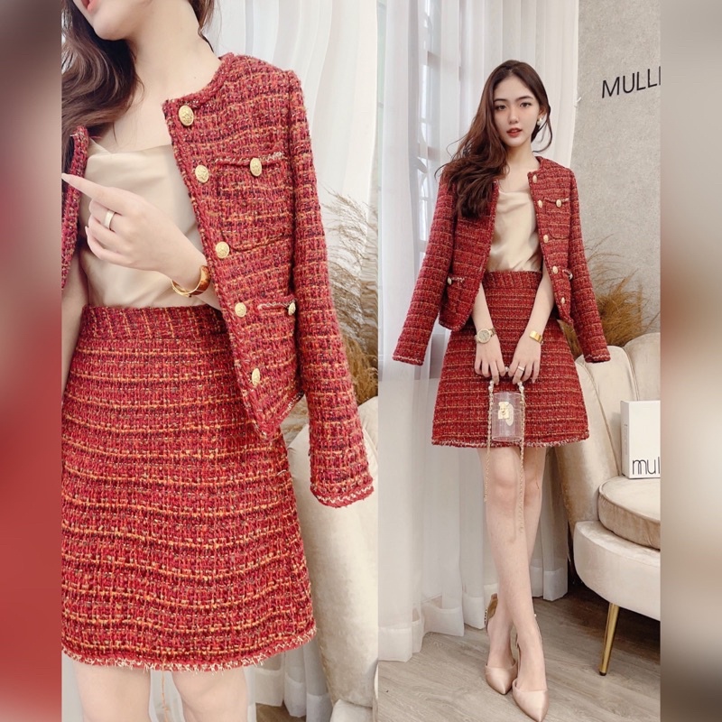 Set dạ tweed đỏ đô tách rời