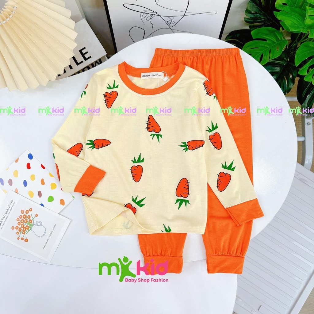 Đồ Bộ Dài Tay Bé Trai, Bé Gái MK KID Với Họa Tiết Trái Cây Dễ Thương, Bộ Thun Lạnh Mặc Nhà Cho Bé 8-26kg