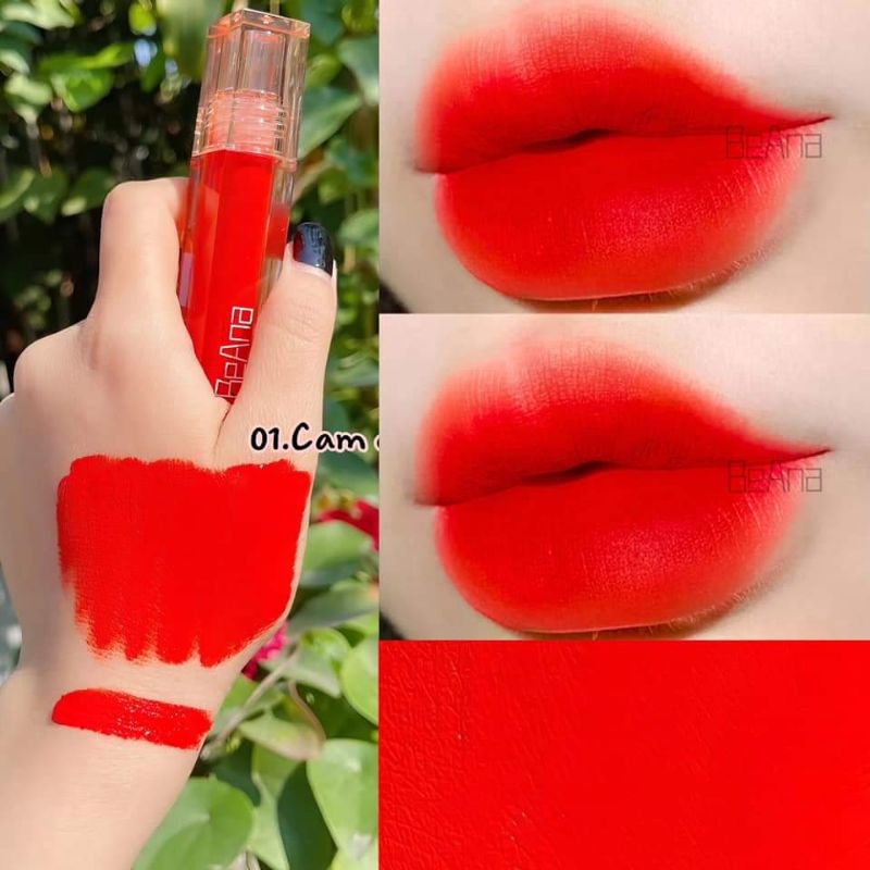 Son đỏ cam, son môi màu đỏ cam, son kem lì màu đỏ cam, son kem không trôi chính hãng BeAna chất son siêu mịn và lì