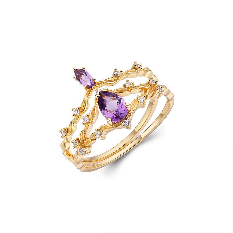 Nhẫn Bạc 925 Đính Đá Thạch Anh Tím / Vàng 14k Thời Trang Cho Nữ