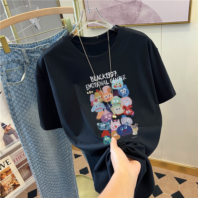 NRVP Áo Thun 100% Cotton Tay Ngắn Dáng Suông In Họa Tiết Hoạt Hình Phong Cách Hàn Quốc Thời Trang Unisex Size 5XL