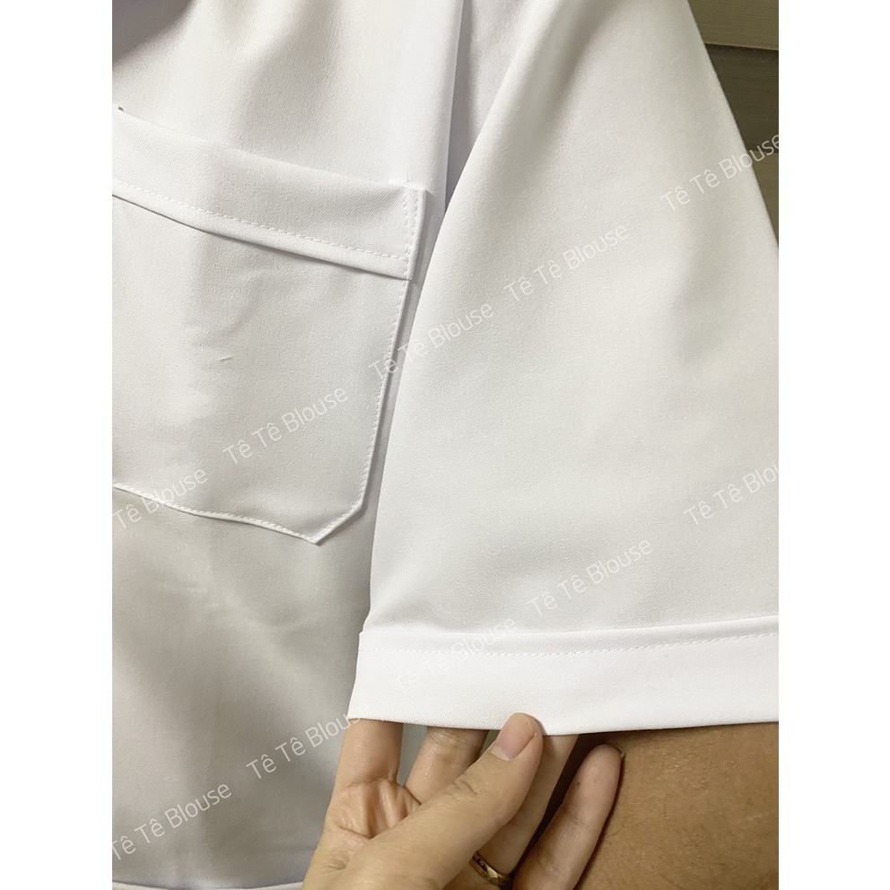 Áo Blouse Nam Nữ Cộc Tay Dáng Ngang Gối Cao Cấp, Vải Co Giãn, Không Nhăn, làm quà tặng cho Bác sĩ, có thêu tên