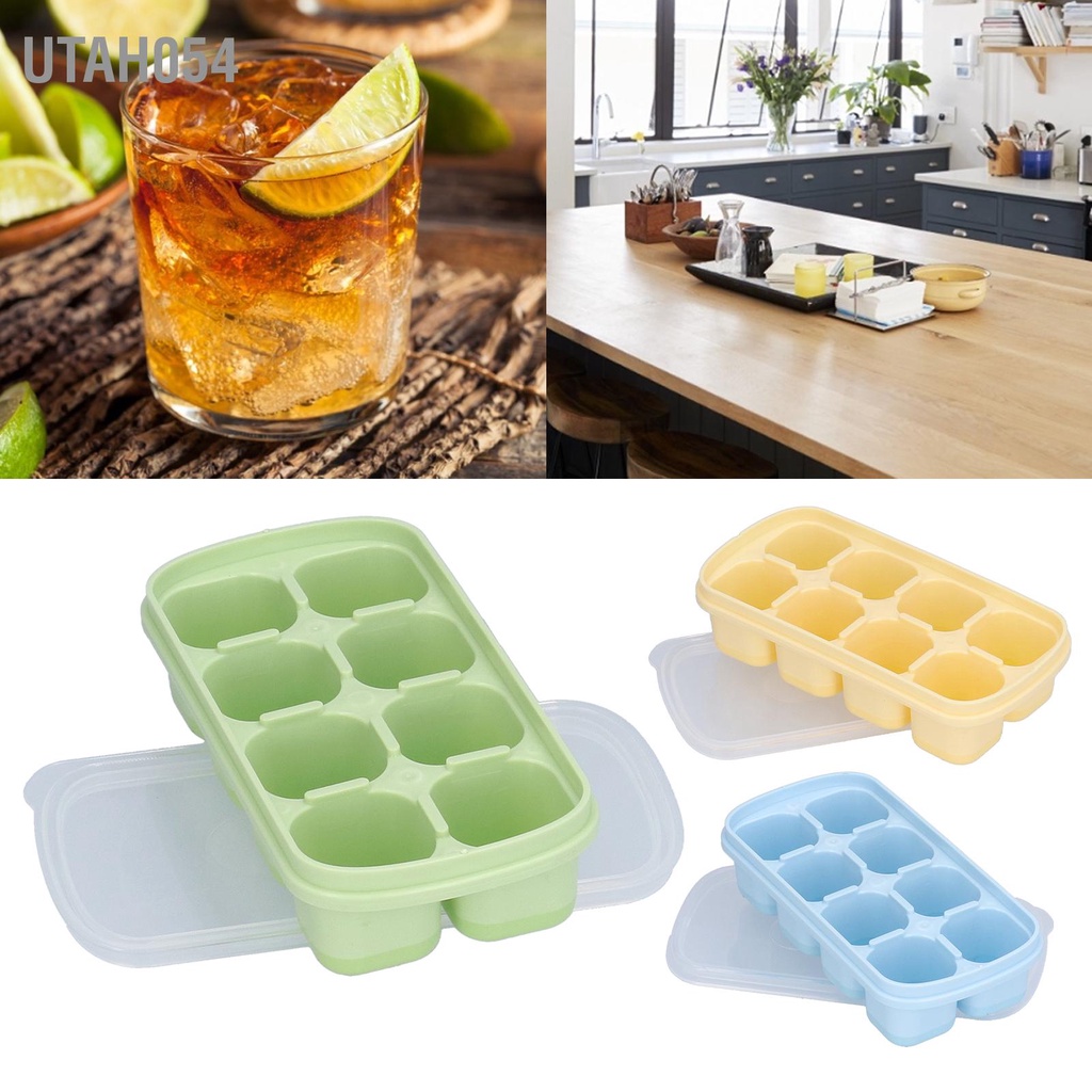 [Hàng Sẵn] Khay Làm Đá Viên 8 Ngăn Có Nắp Đậy Mềm Mại Tiện Dụng Y8E8【Utah054】
