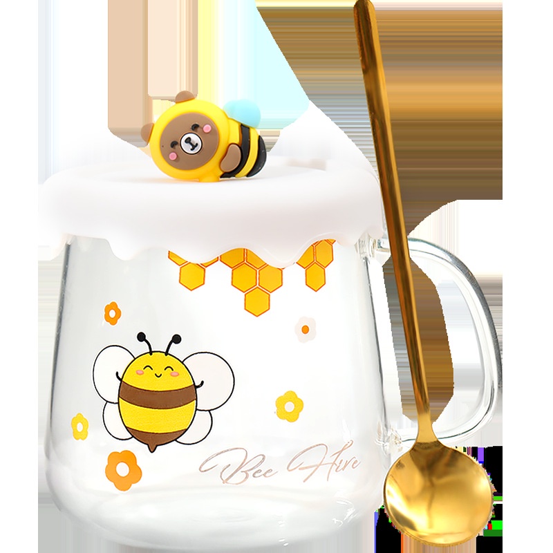 Cốc Thủy Tinh Chịu Nhiệt Cao Thiết Kế Dễ Thương Có Nắp Và Muỗng Cho Nữ