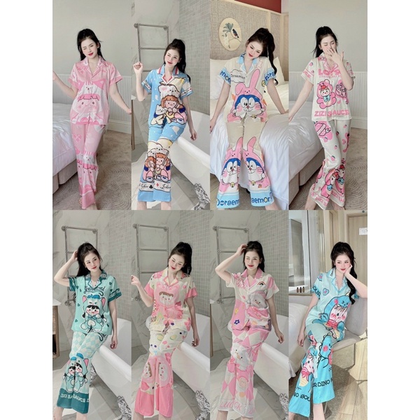 Đồ bộ, đồ mặc nhà nữ- Cổ Pyjama Thiết Kế Hoạ Tiết Khủng Long và Doremon Dễ Thương chất liệu lụa xước cao cấp