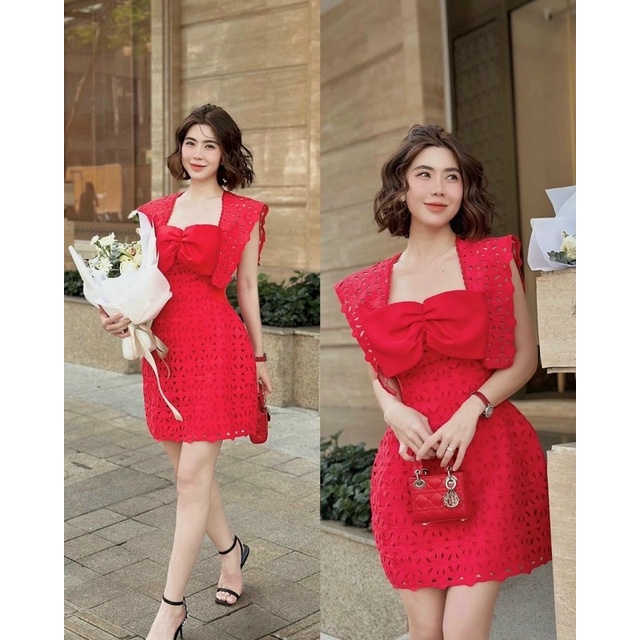 Đầm Ren Bản To Phối Nơ Hàng Thiết Kế Dự Tiệc Cao Cấp Mã CH 4