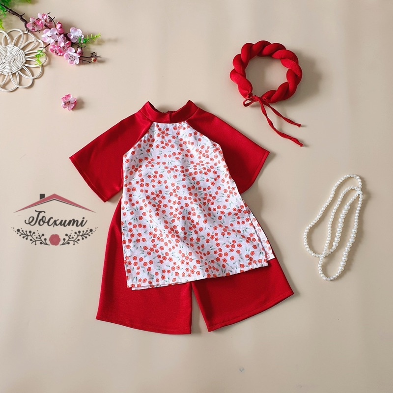 Áo dài lụa cách tân hoa đỏ cao cấp siêu chất - Tocxumi