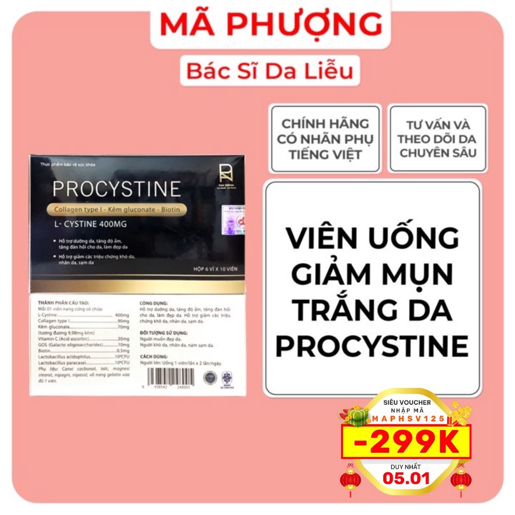 Viên uống giảm mụn trắng da Procystine 60 viên - Hàng chính hãng