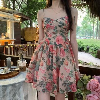 Đầm Hai Dây Dáng Chữ A Họa Tiết Hoa Phong Cách Retro Thời Trang Cho Nữ