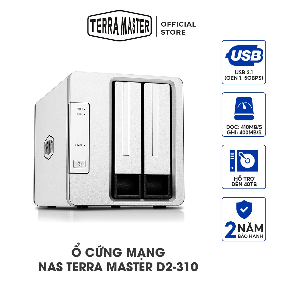 Thiết bị lưu trữ DAS Terra Master D2-310 USB 3.1 Type-C - 2 khay ổ cứng Hàng chính hãng