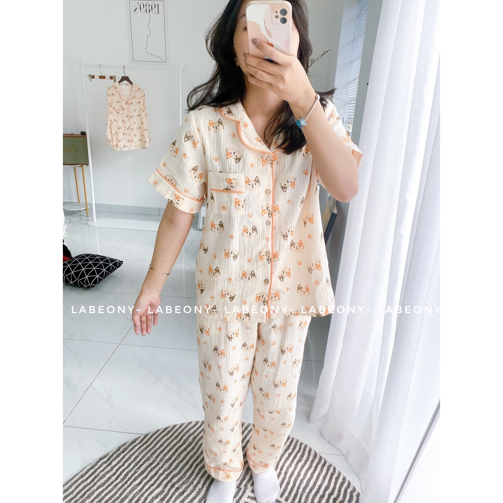 Pyjama tết đồ mặc nhà đồ bộ mèo cam xô muslin cao cấp mềm mát Labeony