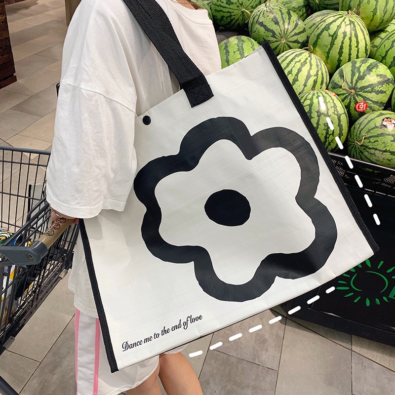 One Túi tote Đeo Vai / Một Bên Vai Sức Chứa Lớn Họa Tiết Hoa Trắng Đen Hàn Quốc Thân Thiện Với Môi Trường Chống Thấm Nước