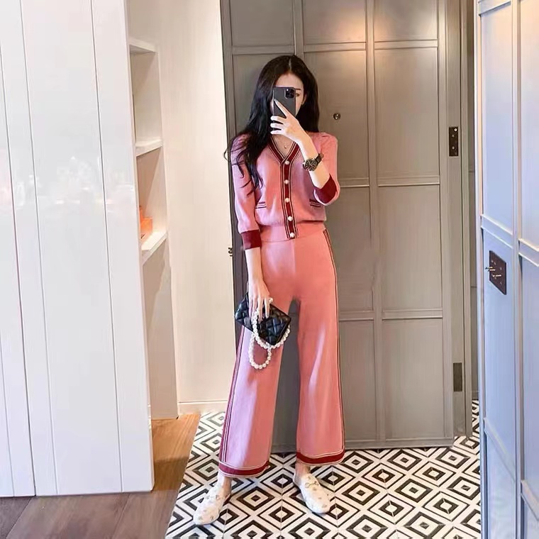 DUNEA Set đồ thể thao gồm quần ống rộng + áo dệt kim tay dài trẻ trung quyến rũ cho nữ