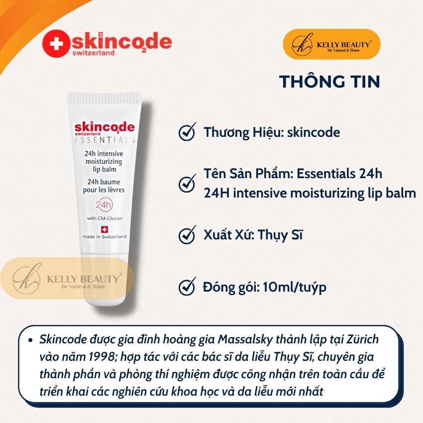 Dưỡng Môi Essential 24h Intensive Moisturizing Lip Balm SKINCODE - Cấp Ẩm, Giảm Khô Môi, Ngừa Thâm Môi | Kelly Beauty