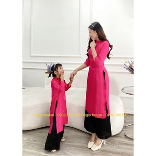 áo dài cách tân gấm lụa hồng cho mẹ và bé