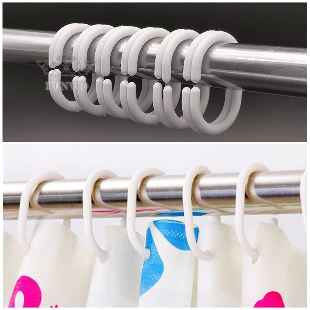 【FUNWD】12x Shower Curtain Rings Hooks Bathroom Plastic Strong Pole Rail C-Shaped Buckle