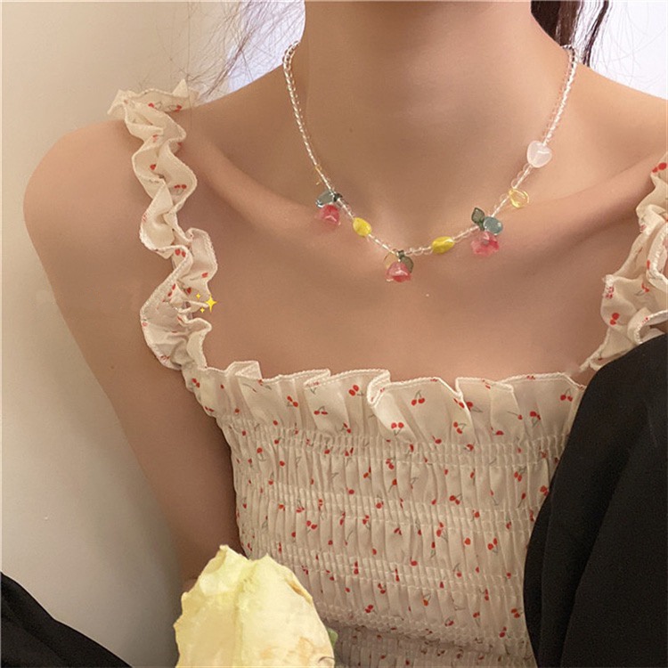Dây Chuyền Mặt Hoa Tulip Màu Hồng Đính Hạt Thời Trang Cao Cấp Dễ Phối Đồ