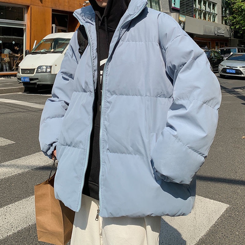 Áo Khoác Phao Đệm Cotton Lót Lông Cừu Màu Trơn Cổ Đứng Thời Trang Thu Đông Đường Phố Cho Cặp Đôi