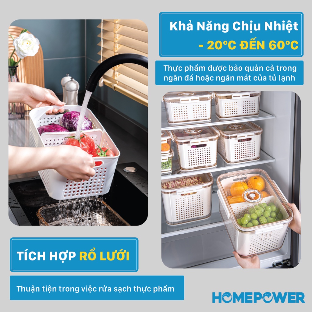 SET 4 Hộp Nhựa Đựng Thực Phẩm 2 Lớp Kèm Rổ Thoát Nước Và Vách Chia Ngăn Tiện Lợi