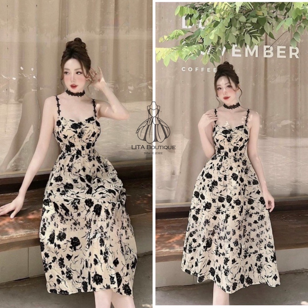 Đầm Váy LITA Boutique V01 hai dây ren hoa kèm áo khoác mỏng che khuyết điểm, may 2 lớp dày dặn có mút áo