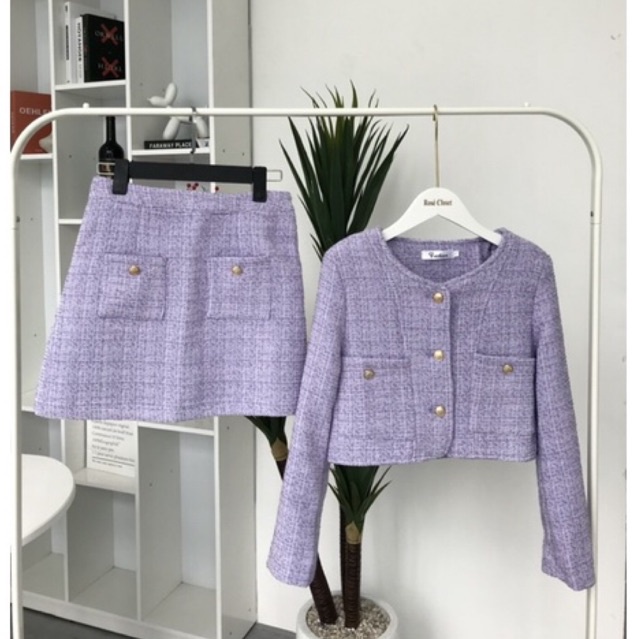 Set áo và chân váy dạ tweed chất đẹp màu tím khoai môn
