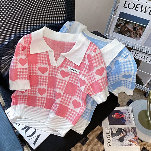 Áo loang màu áo croptop Áo polo Dệt Kim Tay Ngắn Họa Tiết Sọc Caro Phong Cách Preppy Ngọt Ngào
