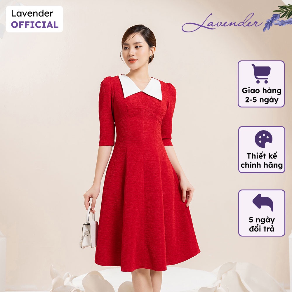 Đầm công sở thiết kế LAVENDER dáng xòe đỏ phối cổ trắng D2757