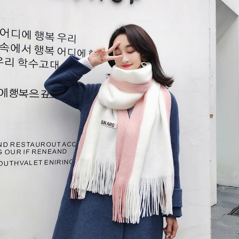 Khăn len 2 màu trắng hồng/ hồng xám nhẹ nhàng xinh xắn cho phái nữ 70x190cm THYTHY STORE