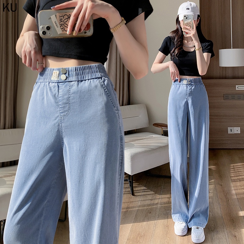 Hàng Mới Về Quần Jeans Dài Ống Rộng Lưng Thun Thêu Chữ Thời Trang Xuân Hè 2023 Cho Nữ