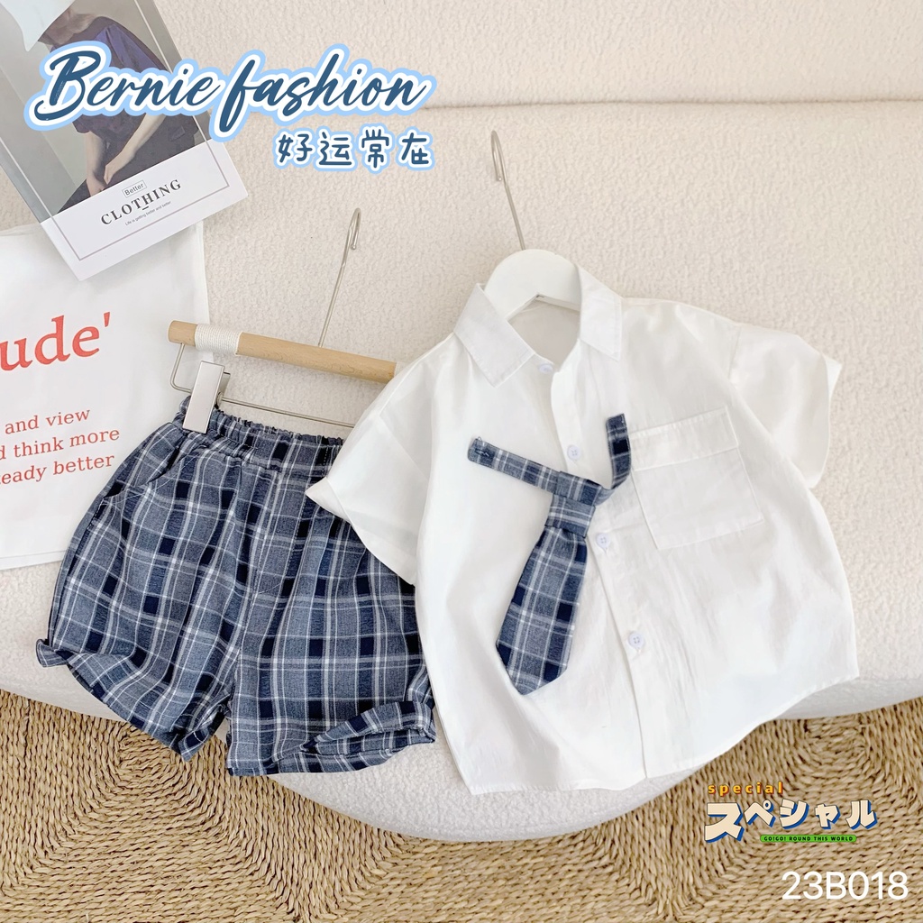 Set sơ mi cộc tay quần kẻ Bernie kèm cà vạt cho bé