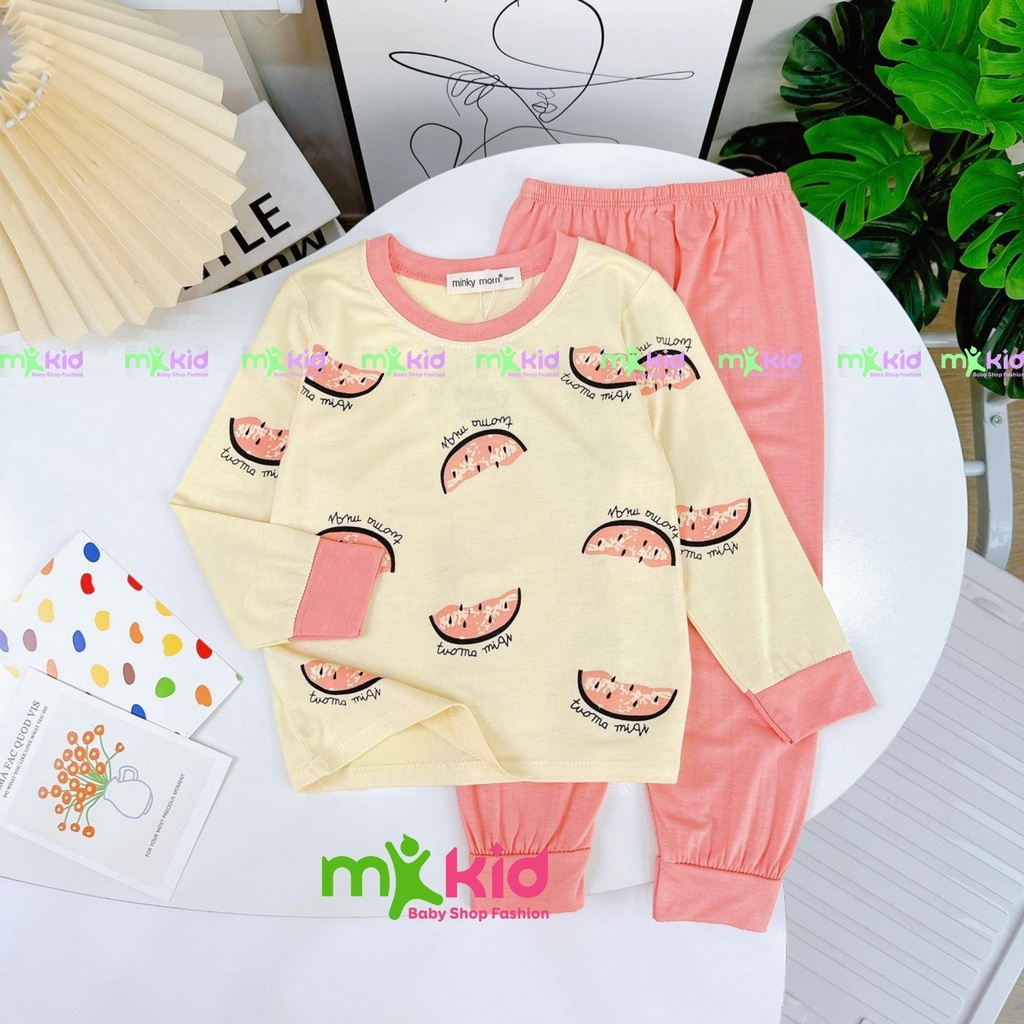 Đồ Bộ Dài Tay Bé Trai, Bé Gái MK KID Với Họa Tiết Trái Cây Dễ Thương, Bộ Thun Lạnh Mặc Nhà Cho Bé 8-26kg