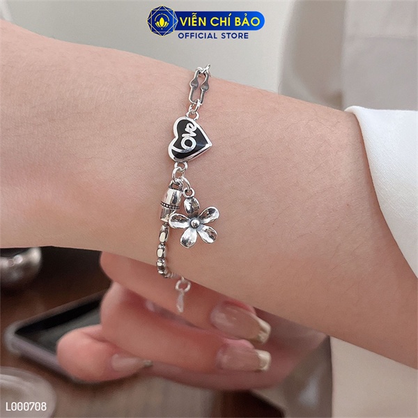 Lắc tay xích trái tim charm hoa nhỏ chất liệu bạc Thái 925 thời trang phụ kiện trang sức nữ Viễn Chí Bảo L000708