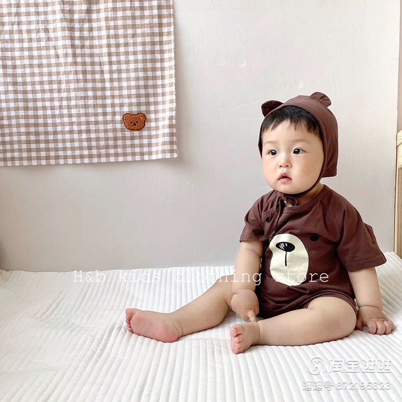 Set body mặt gấu kèm mũ đáng yêu cho bé từ 3-10kg, chất cotton tàu xịn mềm mịn thấm hút mồ hôi
